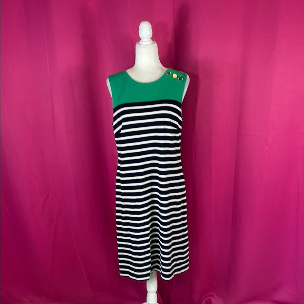Lands End white and blue stripe knit shift dress, med 10-12
